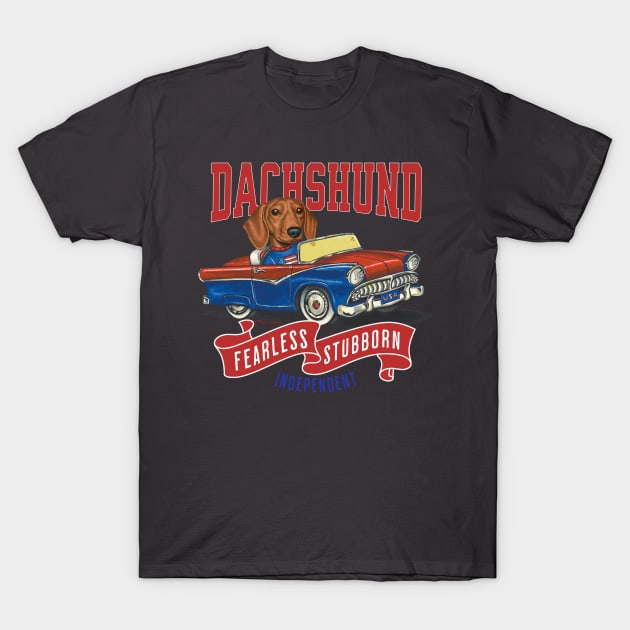 Humor Funny and Cute Doxie Dachshund dog driving a Vintage car with classic red white and blue flags for a retro parade T-Shirt by Danny Gordon Art